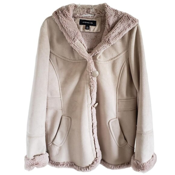 Jones Of New York Woman Size L Faux Suede Faux Fur Hip Length Jacket Hooded Soft - Picture 1 of 8